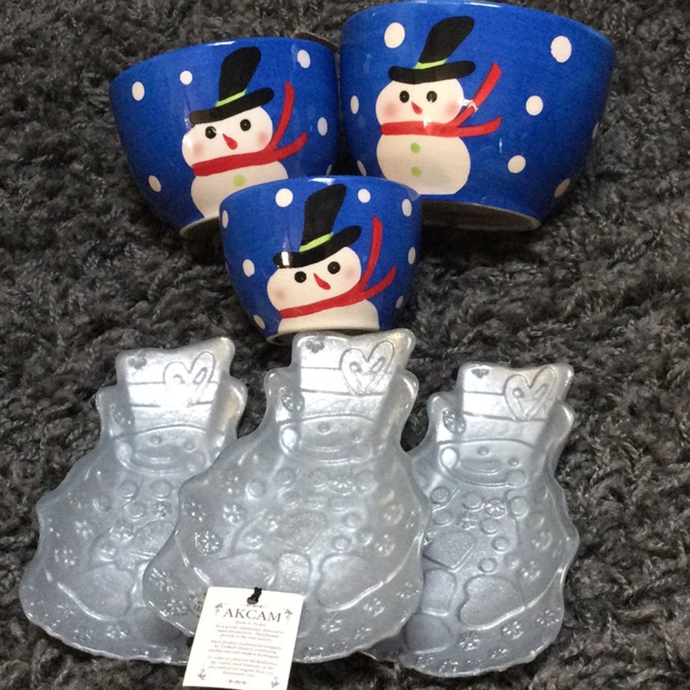 Christmas holiday snowman glitter glass 3 piece Akcam dishes & 3 piece bowl set